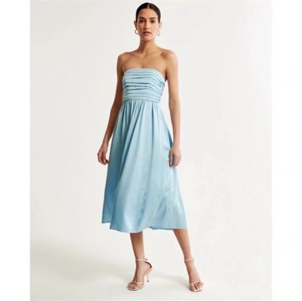 Abercrombie & Fitch Light Blue Satin Emerson Ruched Strapless A-line Midi Dress